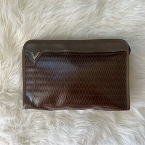 Mario Valentino Vintage Brown Coated Canvas V Monogram Pattern Travel Pouch